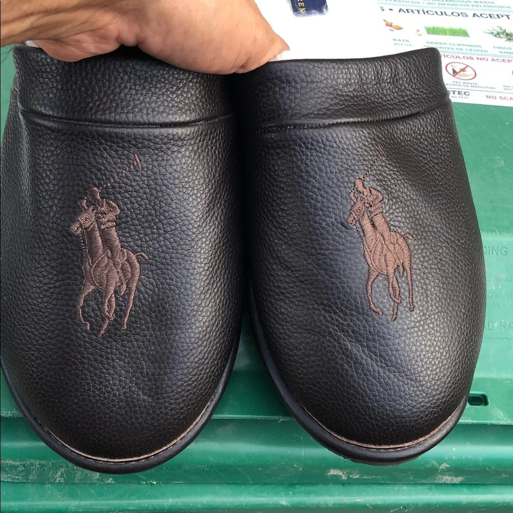 Polo by Ralph Lauren Dark Brown Leather  Big Pony Slip-On Slippers used 11/12